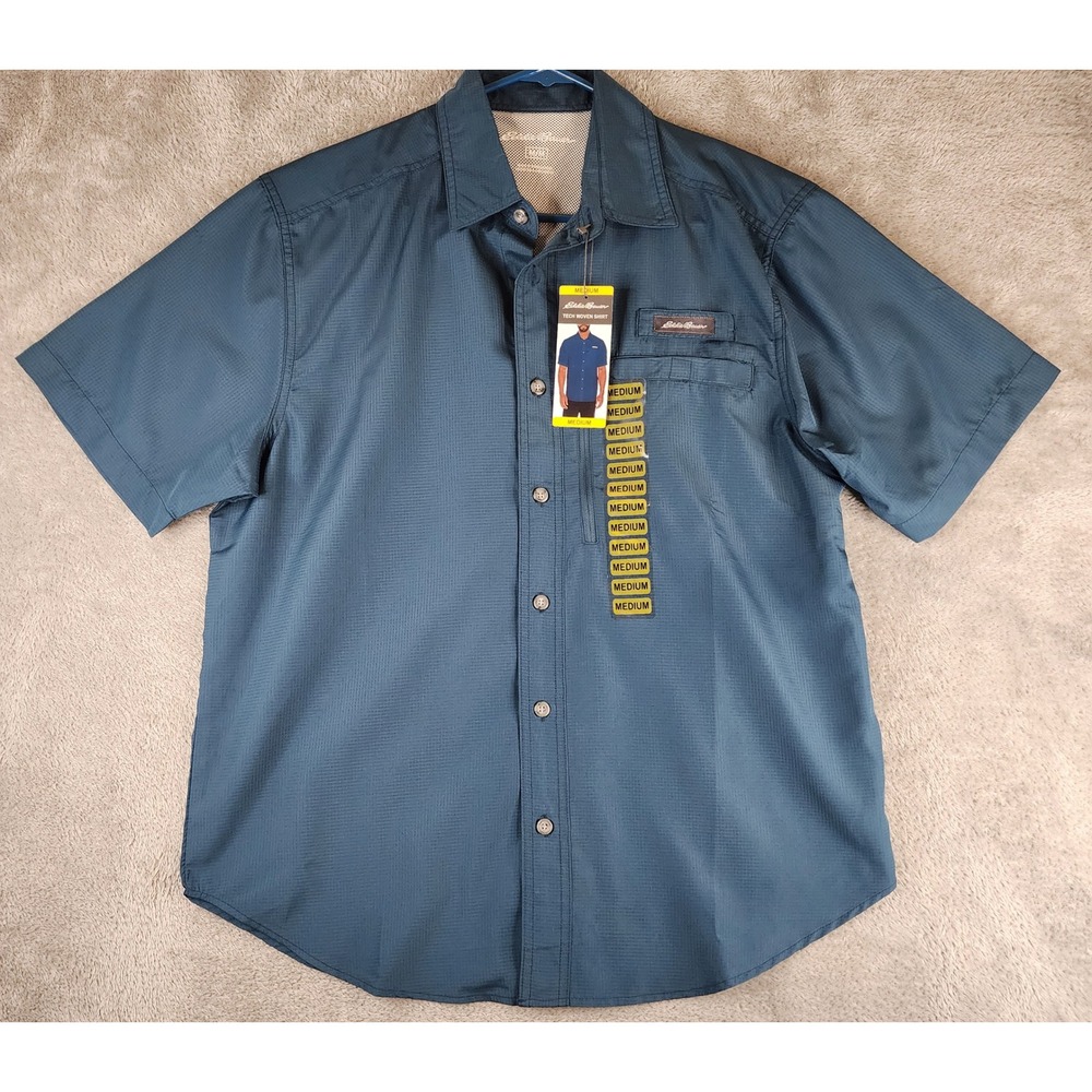 Eddie Bauer Shirt Mens Medium Blue Ventilated Grid Tech Woven Short Sleeve